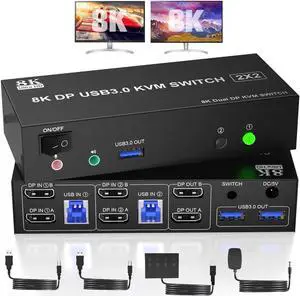 Displayport KVM Switch Dual Monitor 8K@60Hz/4K@144Hz, DP 1.4 USB 3.0 KVM Switcher for 2 Computers Share 2 Monitors and 3 USB Devices with Audio Microphone, Support Extended & Mirror Mode