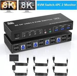 USB 3.0 Displayport KVM Switch 2 Monitors 4 Computers, 8K@60Hz Dual Monitor KVM Switch 4 in 2 Out with Audio Output and 3 USB3.0 Ports, 4 Port Displayport Dual Monitor KVM Switch for 4 Computer