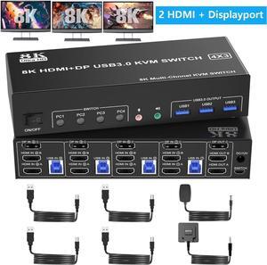 8K@60Hz KVM Switch 3 Monitors 4 Computers 4K@144Hz, 2 HDMI + 1 DisplayPort KVM Switch Triple Monitor for 4 Computer with Audio and 3 USB 3.0 Ports, 3 Monitor KVM Switch Keyboard Mouse Switcher