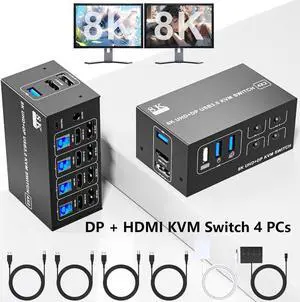 8K@60Hz Displayport + HDMI 2 Monitors 4 Computers USB 3.0 KVM Switch, 5Gbps DP1.4 + HDMI 2.1 Dual Monitor KVM Switch 4 Port with 4 USB Ports, 4 Port HDMI+DP Monitor Switch for 4 PCs 2 Monitors