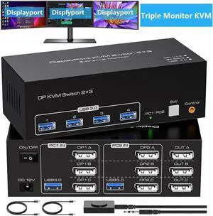 4K@120Hz Displayport KVM Switch 3 Monitors 2 Computers 8K@60Hz DP KVM Switches Triple Monitor Dual DP Port for 2 PC/Laptops Share 4 USB 3.0 Ports Support Extended & Duplicate Display Mode