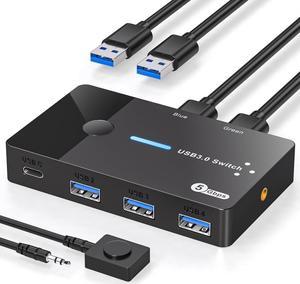 USB 3.0 Switch 2 Computers Sharing USB C & A Devices, 4 Port USB Switcher Sharing Keyboard and Mouse, Printer/Scanner USB Switch Hub for 2 Computers with 2 USB3.0 Cables and Desktop Controller
