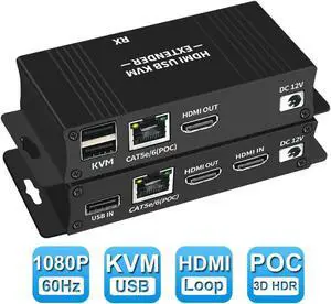 Vszerda HDMI KVM USB Extender Over IP Over Ethernet 1080p HD Video Over Cat5e/6 Ethernet Cable 60m (196ft) for Mouse and Keyboard Control Remote Signals