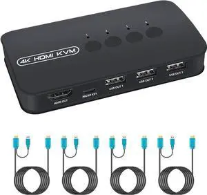 KVM Switch 4 Ports, HDMI USB Selector for 4 Computers Share Keyboard Mouse Printer and One HD 4K Monitor, Including 4 KVM Cables