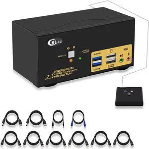 CKLau 2 Port USB 3.0 Triple Monitor KVM Switch Displayport 1.4 Support 8K@30Hz 4K@144Hz, 2 Computers 3 Monitors Video Keyboard Mouse Peripheral Audio Sharing Selector Box with Cables