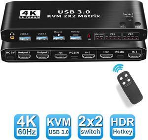 2X2 4K HDMI Matrix KVM Switch,for 2PC Share 2 Monitor and One Keyboard Mouse and two USB3.0 Port, 4K@60Hz,hotkey,Support One-button switch/Hotkey switch,RGB 4:4:4, USB Hub, Audio