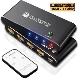 Aluminum Shell HDMI 2.1 Switch 8K Directional 8K@60Hz 4K@120Hz 1440P@165Hz 1080P@240Hz 3in 1out High Speed 48Gbps eARC Converter with Remote Control Compatible with Xbox X PS5
