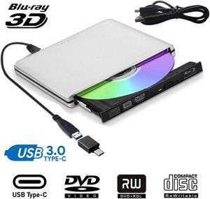 USB 3.0/USB-C External Blu-Ray DVD/BD/CD Drive, Portable Ultra-Thin 3D Blu-ray Player/Writer/Burner for The MacBook Pro Air, Apple Mac and So On Various Brand Computer Desktop, Laptop, Silver
