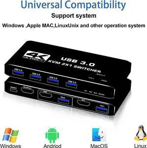 4K@60Hz HDMI2.0 KVM Switch 2 Computers, 2 in 1 Out 2 Port Type-C HDMI KVM Switch with 4USB3.0 Port, Keyboard Mouse, for MacBook, USB-C HDMI PC 4K@60Hz HDMI2.0 KVM Switch 2 Computers, 2 in 1 Out 2 Port Type-C HDMI KVM Switch with 4USB3.0 Port, Keyboard Mouse, for MacBook, USB-C HDMI PC