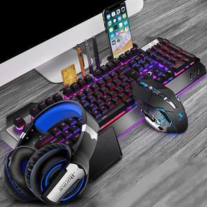 Technology K680 Ergonomic Design,Cool Exterior Waterproof Wired 26 Anti-ghosting Keys Mechanical Feeling, Rainbow Backlit Keyboard And 2400DPI Mouse and Bluetooth Headset Combo-Black