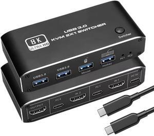 8K HDMI2.1 KVM Switch, 2 in 1 Out,for 2PC Share 1 Monitor and One Keyboard Mouse and two USB3.0 Port, 8K@60Hz,hotkey,Support RGB 8:8:8,One-button switch/Hotkey switch,Dynamic HDR,VRR etc