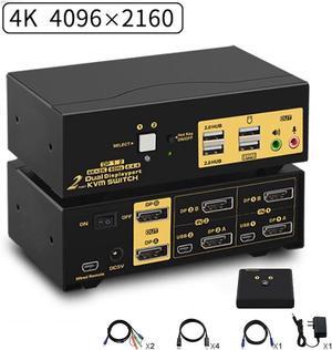 2 Port Dual Monitor Displayport KVM Switch, DP KVM Switch with Audio, with USB 2.0 Hub and Cables Support Hotkey Switching Resolution Up to 4096x2160 @60Hz 4:4:4