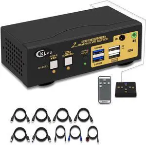 2 Port KVM Switch Dual Monitor Displayport USB 3.0 4K 60Hz, 2x2 Matrix KVM Switch Displayport 1.2 with Audio and Cables Support Simulation EDID
