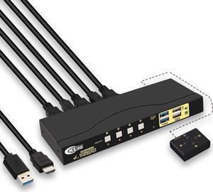 4Kx2K@60Hz 4 Port USB 3.0 HDMI KVM Switch with Cables, 2 pcs USB 3.0 Hub and Audio Supports Wireless Keyboard Mouse