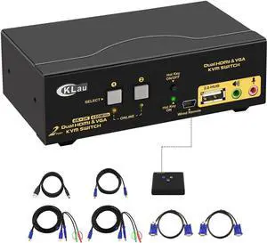 2 Port HDMI + VGA Dual Monitor KVM Switch with Audio, Microphone, USB 2.0 Hub and Cables Support 4Kx2K@30Hz