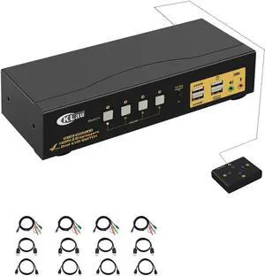 4 Port HDMI + Displayport Dual Monitor KVM Switch with Audio, USB 2.0 Hub and Cables Support HDMI 2.0, HDCP 2.2, HDR 10 Max Resolution Up to 4096x2160@60Hz 4:4:4
