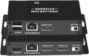 HDMI KVM USB Extender 1080P 60Hz, HDMI KVM USB Extender Over Cat5/6 Ethernet Cable Signal Extension to 196FT/60M Support USB Keyboard Mouse Plug & Play (Transmitter and Receiver)