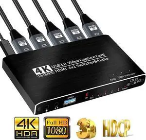 4K@30Hz 4x1 HDMI Video Capture Card Seamless Switch with Mic & 3.5mm Audio 4K 30fps Board Game Capture Card USB3.0 Recorder Box Device for Live Streaming Video Recording Loop Out
