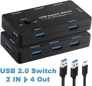 USB Switch Selector 2 Computers Sharing 4 USB Devices USB 2.0 Peripheral Switcher Box Hub for Mouse Keyboard Scanner Printer PCs with One-Button Swapping and 2 Pack USB A to A Cable