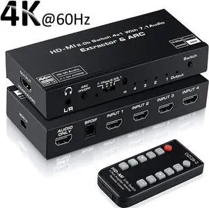 4 Port 4K HDMI Switch with Optical & 3.5mm AUX Audio Out, 4 in 1 Out HDMI 2.0 4K@60Hz HDMI 2.0b Audio Extractor Splitter with Remote, Support ARC, HDR, HDCP 2.2, 18Gbps, Dolby Vision