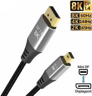 Mini DP to DisplayPort Cable DP1.4 8K(7680X4320)@60Hz 4K@144Hz DisplayPort Bi-Directional Transmission DisplayPort Cable for Video PC Laptop TV 3.3ft