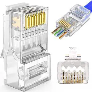 RJ45 Cat6 Cat6a Pass Through Connector 23AWG Ethernet Cable Ends for Solid Wire & Standard UTP Cable 50-Pack