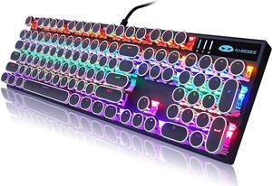 Typewriter Style Mechanical Gaming Keyboard, Black Retro Punk Gaming Keyboard with RGB Backlit, 104 Keys Blue Switch Wired Cute Keyboard, Round Keycaps for Windows/Mac/PC