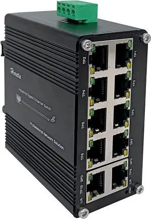 Hardened Industrial Gigabit Compact Ethernet Switch 10-Port 10/100/1000BASE-T RJ45 with auto-MDI/MDI-X Function 10/100Mbps Half/Full Duplex and 1000Mbps Full Duplex 12~48VDC Wide Range Power Input