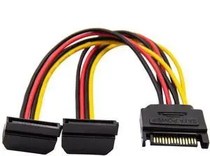 90 Degree SATA 15-Pin Male to 2 x 15P Female Y Splitter Adapter Power Cable for Solid State SSD Hard Disk Motherboard