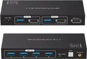 Vszerda 2 Port DisplayPort 2x1 DP KVM Switcher Switch DP 1.4 8K@60Hz Supports 4 Ports USB 3.0 Devices Control up to 2 DP Port Device with Wired Controller