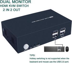 2 Port Dual Monitor KVM Switch HDMI 4K@30Hz 2 USB 2.0 Hub Supported Wireless Keyboard & Mouse and Hotkey Switch No Power Adapter with 4 HDMI Cables