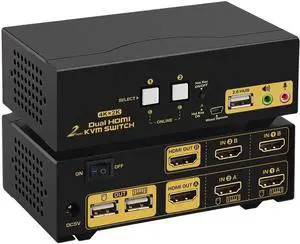 HDMI KVM Switch 2 Port Dual Monitor Extended Display 4K @30Hz DEPZOL Dual View PC Monitor Keyboard Mouse Selector Box with Audio Microphone Output and USB 2.0 Hub for Computers and Laptop