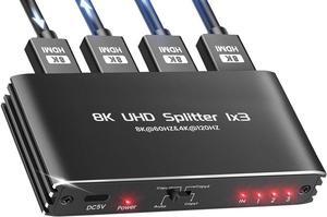 HDMI Splitter 1 in 3 Out - 1x3 HDMI Display Duplicate/Mirror - Powered Splitter 4K 120Hz, 8K @ 60Hz (One Input To Three Outputs) - 1 Source to 3 Identical Displays