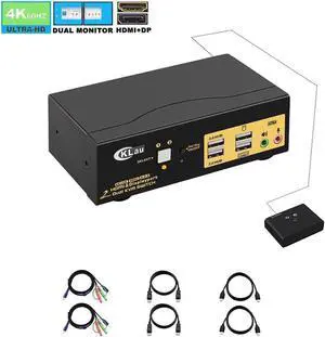 CKLau 4Kx2K@60Hz 2 Port HDMI + Displayport Dual Monitor KVM Switch with Audio, USB 2.0 Hub and Cables Support HDMI 2.0, HDCP 2.2, HDR 10
