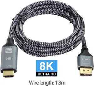 DP DisplayPort 1.4 Male Source to HDTV 2.0 Male Output Display 8K UHD 4K DP to HDTV Male Cable 1.8m / 6ft DP DisplayPort 1.4 Male Source to HDTV 2.0 Male Output Display 8K UHD 4K DP to HDTV Male Cable 1.8m / 6ft