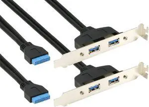 2 Ports USB 3.0 Female Back Panel to MB 20pin Header Connector Cable Adapter with PCI Slot Plate Bracket 1.5ft [2-Pack]