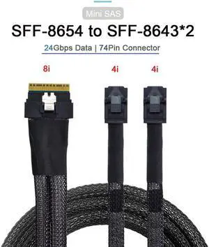 PCI-Express SFF-8654 8i 74Pin PCI-E Ultraport Slimline SAS Slim 4.0 to Dual SFF-8643 4i Mini SAS HD Cable  50cm
