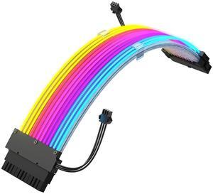 24 Pin RGB PSU Cable, White Aluminum Foil Braided Wire, Ribbon Fiber Optic Design with 24 LED Beads, Durable and RGB Power Extension Cable for 5V 3-pin argb Header