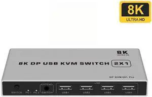 8K Dual-port DP USB KVM 2x1 Displayport KVM Switch 2 in 1 out 4K 60Hz 2-Port DP 1.4 USB KVM Switch Support Mouse Keyboad Printer(USB Power cable) (8K)