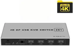 4K Dual-port DP USB KVM 2x1 Displayport KVM Switch 2 in 1 out 4K 60Hz 2-Port DP 1.4 USB KVM Switch Support Mouse Keyboad Printer(USB Power cable) (4K)