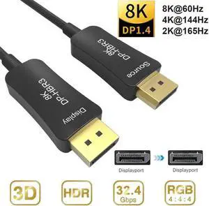 50FT Fiber 8K 4K DisplayPort Cable( In Wall ), DP 1.4 HBR3 8K@60Hz 4K@144Hz High Speed 32.4Gbps Optical Fiber Slim and Flexible DP to DP Cable