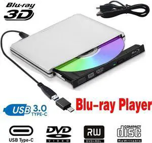 Aluminum External DVD Blu-Ray Player Drive, USB 3.0 Type-C CD DVD +/-RW Optical Drive USB C Burner Slim CD/DVD ROM Rewriter Writer Reader Portable for PC Laptop Desktop MacBook Mac Silver