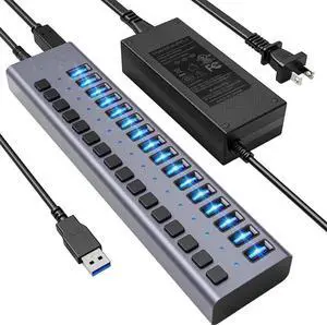 Vszerda  Powered USB Hub, 16-Port USB Splitter Hub (16 Data HUB and Charging Port) with Individual LED On/Off Switches, USB Hub 3.0 Powered with Power Adapter for Mac, PC