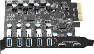 7 Ports Superspeed 5Gbps USB 3.2 PCI Express Expansion Card for Windows 11, 10, 8.x, 7, Vista, XP Desktop PCs, Built in Self-Powered Technology, (2X USB C - 5X USB A)