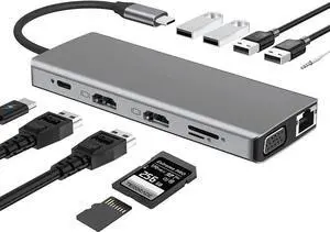 Laptop Docking Station Triple Monitor, 12 in 1 USB C Hub Multiport Adapter Dongle with 2 HDMI, VGA, PD, Ethernet, SD/TF, 4 USB Ports, Mic/Audio, Compatible for MacBook/Dell/HP/Lenovo