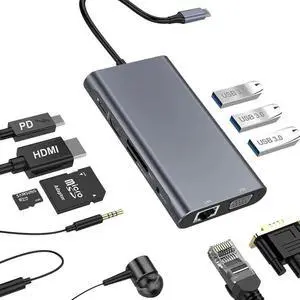 USB C Hub, 10 in 1 Type C Multiport Adapter Dock with Gigabit Ethernet, 4K HDMI, VGA, 3 USB3.0, 60W PD, 3.5mm Audio and SD/TF Docking Station for MacBook Pro/Air, Surface Pro 7 and Type-C Laptops