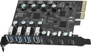 USB 3.2 PCI-e Expansion Card 7-Port(3X USB C - 4X USB A), PCI-e to USB 3.2 Gen2 HUB Adapter Superspeed 10Gbps, Fits PCI Express x4, x8 or x16 socket.