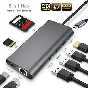 USB-C-Hub-Type C Hub 8-in-1 with 1Gbps Ethernet Port, 4K USB C to HDMI Adapter, 3 USB 3.0 Ports,SD/TF Card Reader, USB-C Power Delivery, Portable for Mac Pro and Other Type C Devices