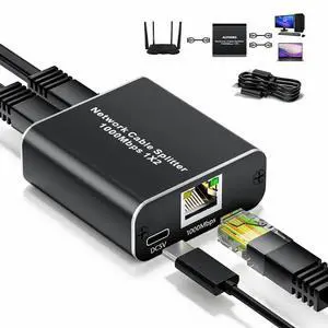 Ethernet Splitter 1 to 2, Vszerda 1000Mbps RJ45 Splitter with USB Power Cable, Gigabit LAN Splitter Using Cat5/5e/6/7/8 Cable for Computers Laptop, PC, TV, PS5, Xbox