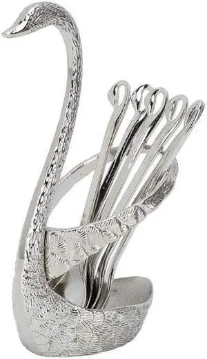 6pcs Coffee Dessert Spoon Set with Swan Spoons Holder for Dinner Table Party Buffet Bar Decoration Silver